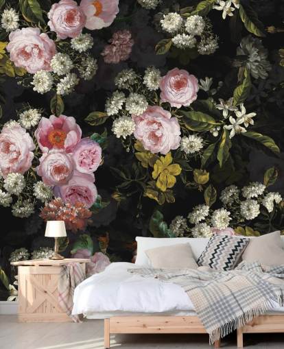 rose rosa e fiori gialli su sfondo scuro carta da parati