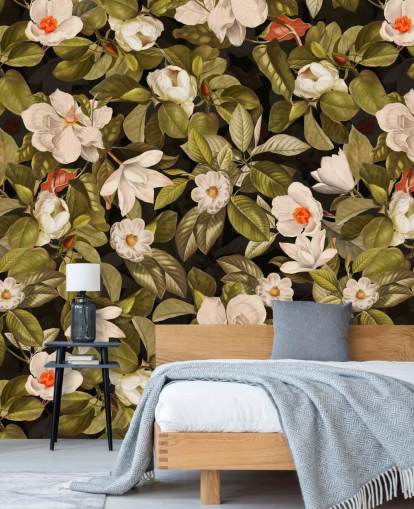 white and orange flowers, green leave background metal prints 