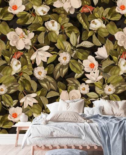 fiori bianchi e arancioni, foglie verdi, fondo, stampe in metallo 