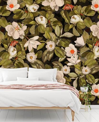 vita och orange blommor, grön lämna bakgrunden metall utskrifter 