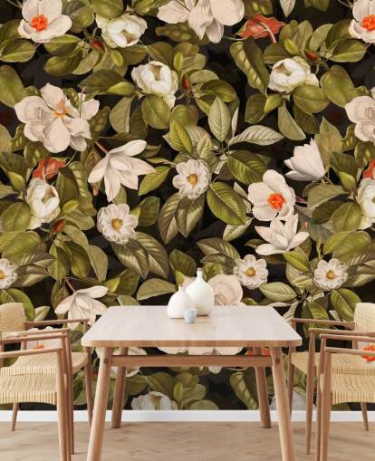 vita och orange blommor, grön lämna bakgrunden metall utskrifter 