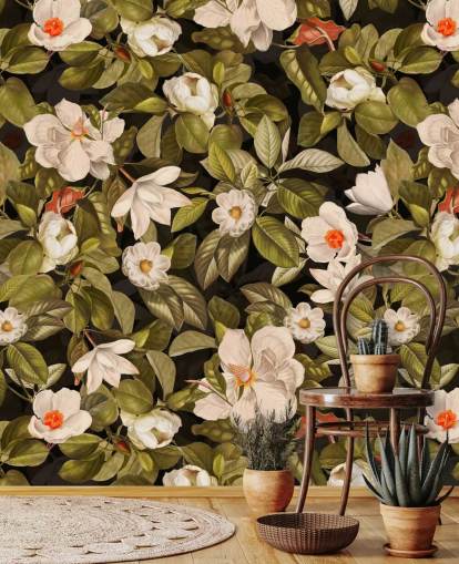 white and orange flowers, green leave background metal prints 