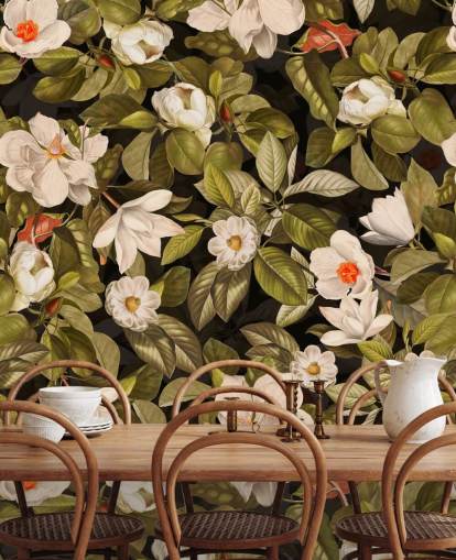 white and orange flowers, green leave background metal prints 