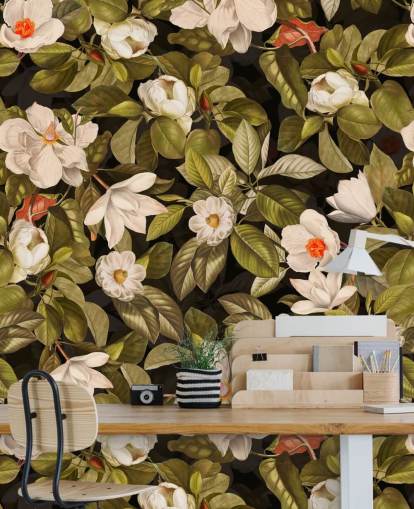 white and orange flowers, green leave background metal prints 