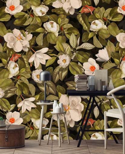 witte en oranje bloemen, groene metalen afdrukken op de achtergrond witte en oranje bloemen, groene metalen afdrukken op de achtergrond