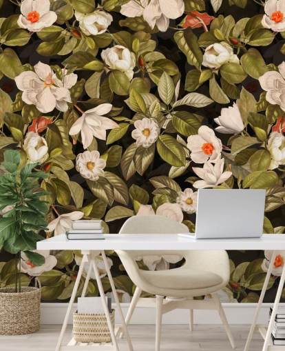 white and orange flowers, green leave background metal prints 