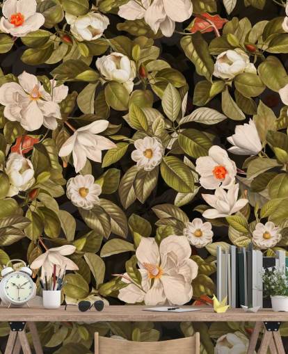 witte en oranje bloemen, groene metalen afdrukken op de achtergrond 