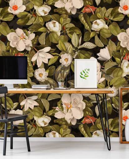 hvide og orange blomster, grøn orlov baggrund metalprint 