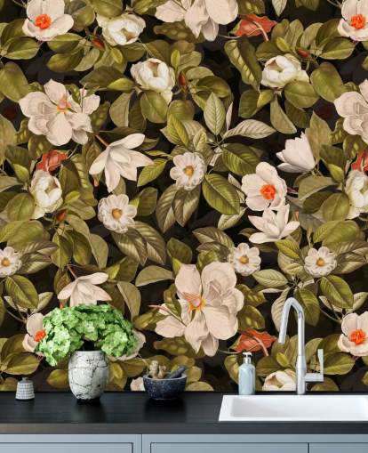 flores blancas y naranjas, estampados en metal de fondo verde 