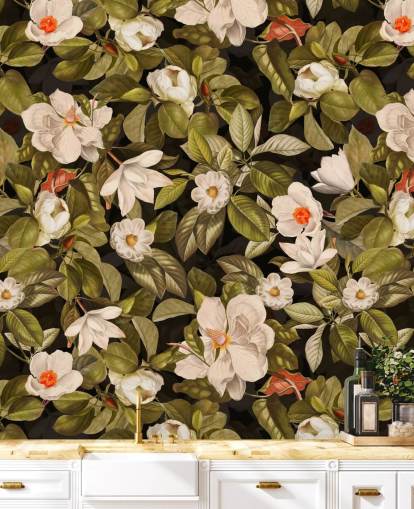 flores blancas y naranjas, estampados en metal de fondo verde 