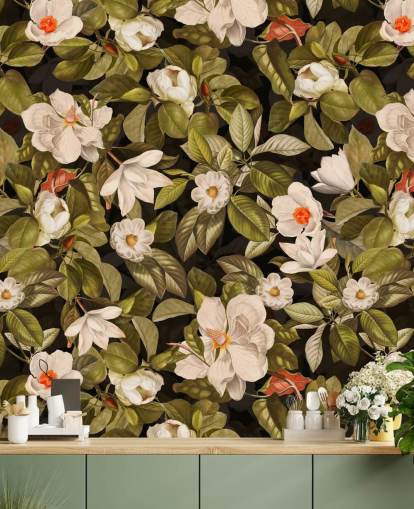 white and orange flowers, green leave background metal prints 