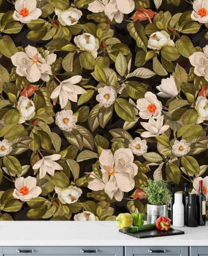 hvide og orange blomster, grøn orlov baggrund metalprint 