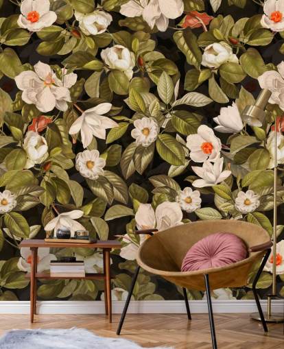 fiori bianchi e arancioni, foglie verdi, fondo, stampe in metallo 