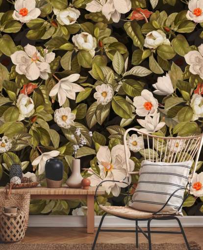 flores blancas y naranjas, estampados en metal de fondo verde 