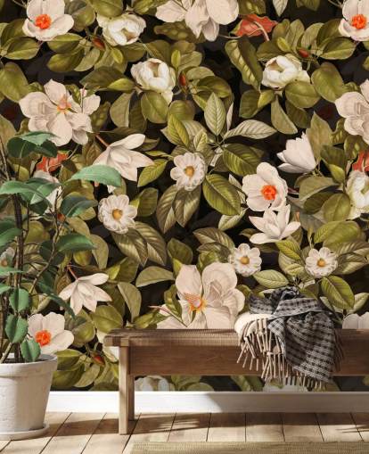 white and orange flowers, green leave background metal prints 