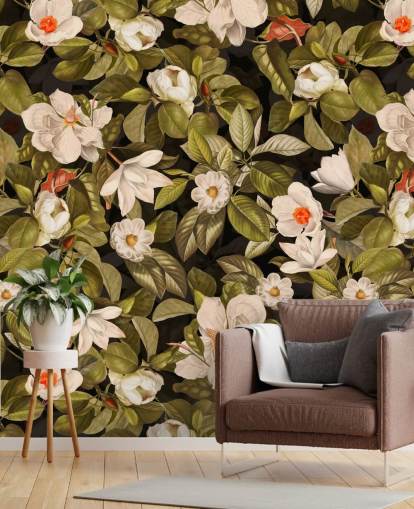 white and orange flowers, green leave background metal prints 