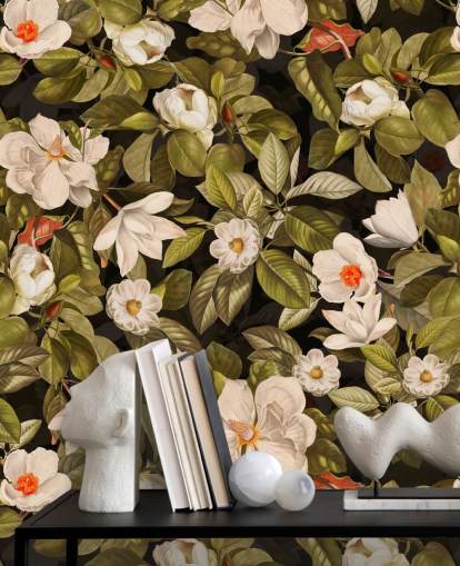 flores blancas y naranjas, estampados en metal de fondo verde 