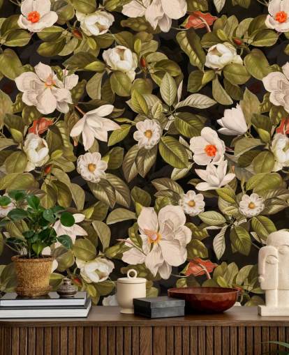 fiori bianchi e arancioni, foglie verdi, fondo, stampe in metallo 