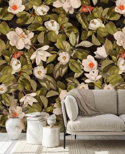 white and orange flowers, green leave background metal prints 