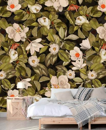 hvide og orange blomster, grøn orlov baggrund metalprint 