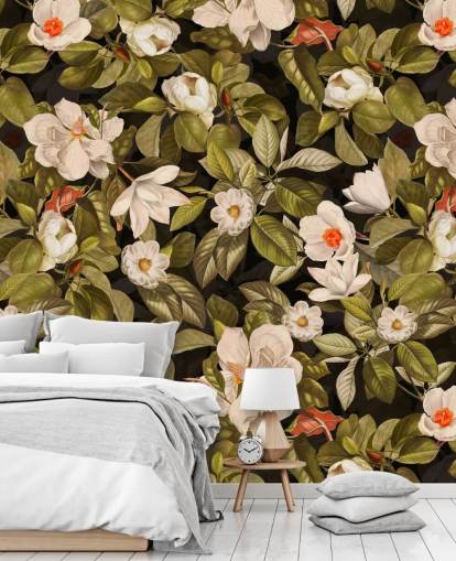 vita och orange blommor, grön lämna bakgrunden metall utskrifter vita och orange blommor, grön lämna bakgrunden metall utskrifter