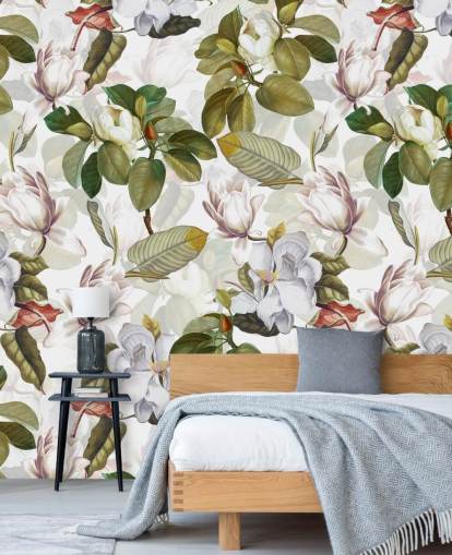 hvite magnolia blomster, grønne blader, hvit bakgrunn tapet 