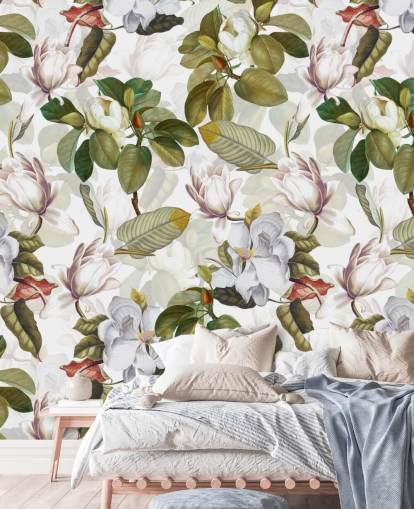 flores de magnolia blanca, hojas verdes, papel tapiz de fondo blanco 