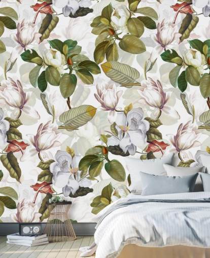 weiße Magnolienblüten, grüne Blätter, weißer Hintergrund Wallpaper 