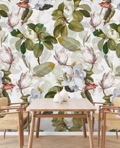 white magnolia flowers, green leaves, white background wallpaper 