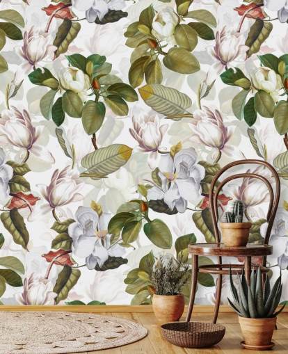 white magnolia flowers, green leaves, white background wallpaper 