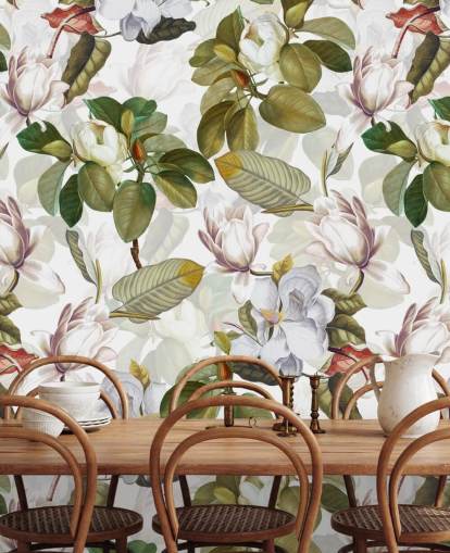 white magnolia flowers, green leaves, white background wallpaper 