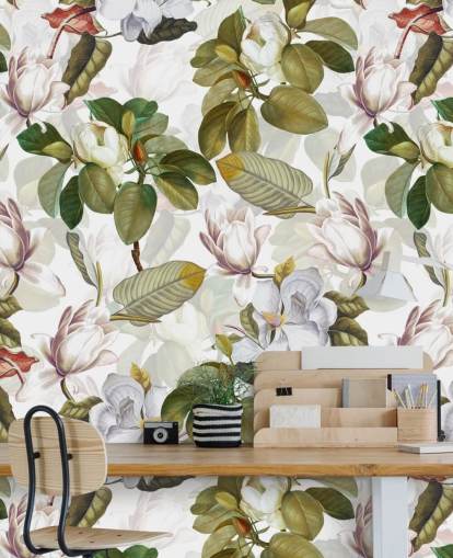 flores de magnolia blanca, hojas verdes, papel tapiz de fondo blanco 