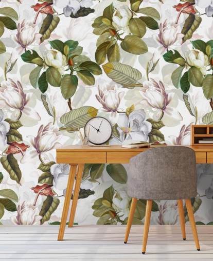 valkoinen magnolia kukkia, vihreät lehdet, valkoinen tausta tapetti 