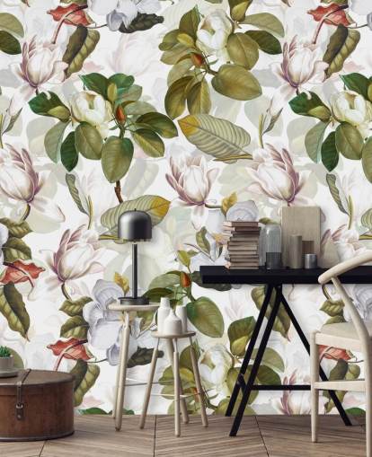 flores de magnólia branca, folhas verdes, papel de parede de fundo branco 