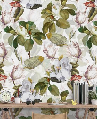 valkoinen magnolia kukkia, vihreät lehdet, valkoinen tausta tapetti 