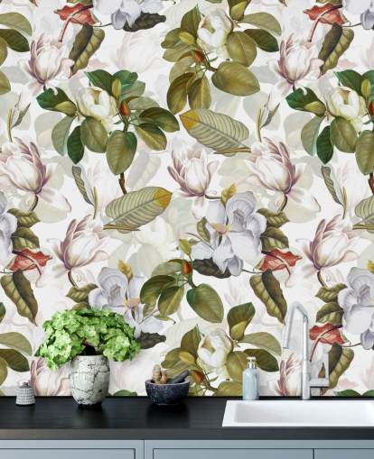 white magnolia flowers, green leaves, white background wallpaper 