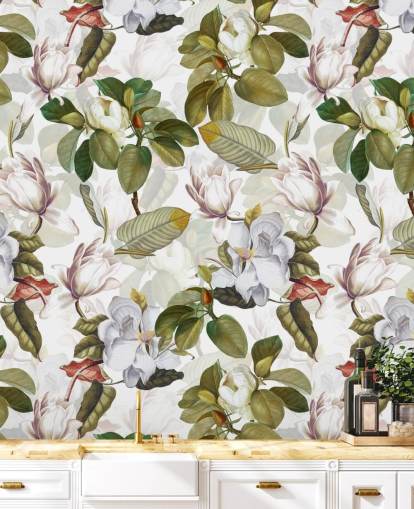 fleurs de magnolia blanc, feuilles vertes, fond d'écran blanc 