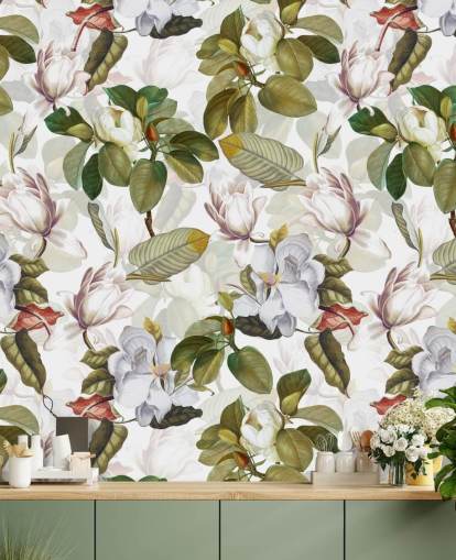 valkoinen magnolia kukkia, vihreät lehdet, valkoinen tausta tapetti 