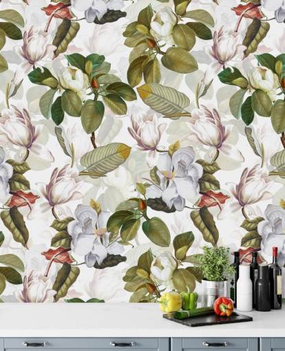 white magnolia flowers, green leaves, white background wallpaper 