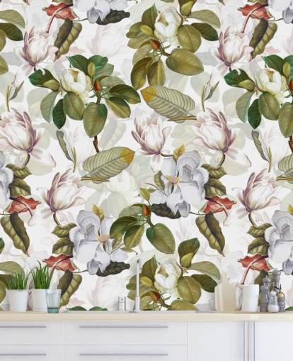 fiori di magnolia bianca, foglie verdi, sfondo bianco carta da parati 