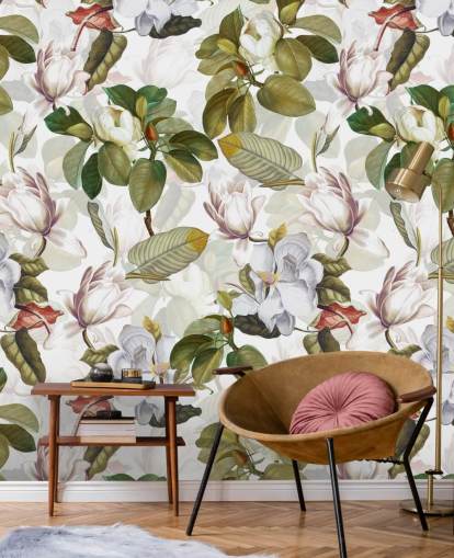 fiori di magnolia bianca, foglie verdi, sfondo bianco carta da parati 