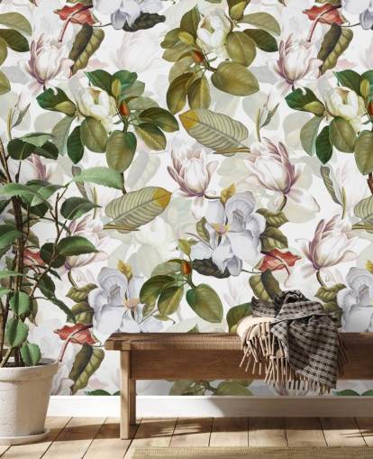 fiori di magnolia bianca, foglie verdi, sfondo bianco carta da parati fiori di magnolia bianca, foglie verdi, sfondo bianco carta da parati