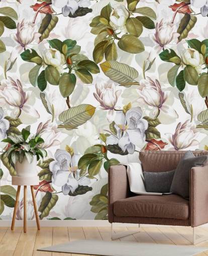 witte magnoliabloemen, groene bladeren, wit achtergrondbehang witte magnoliabloemen, groene bladeren, wit achtergrondbehang