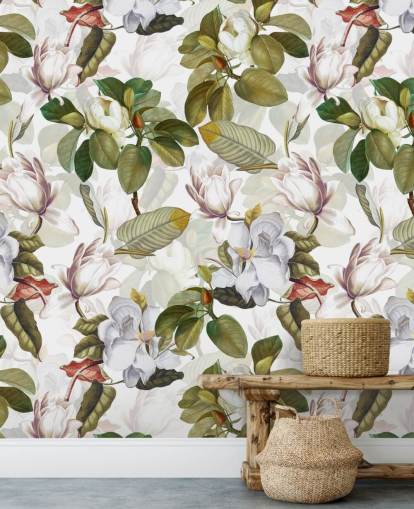 white magnolia flowers, green leaves, white background wallpaper 