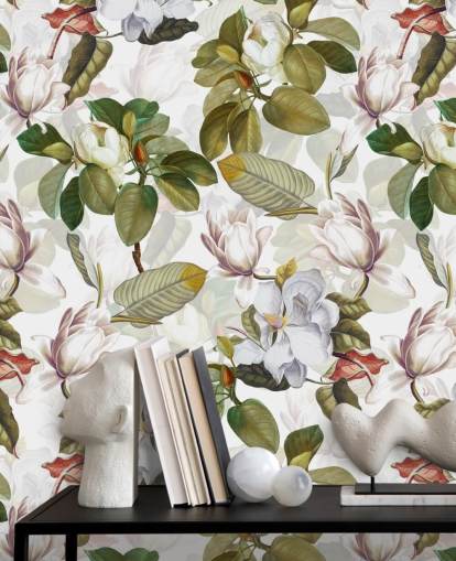 fiori di magnolia bianca, foglie verdi, sfondo bianco carta da parati fiori di magnolia bianca, foglie verdi, sfondo bianco carta da parati