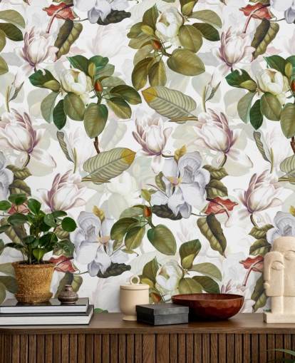 flores de magnólia branca, folhas verdes, papel de parede de fundo branco 