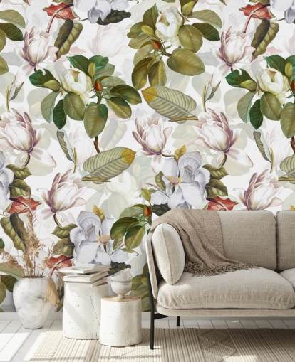 fiori di magnolia bianca, foglie verdi, sfondo bianco carta da parati 