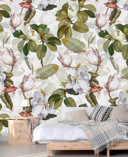 white magnolia flowers, green leaves, white background wallpaper 