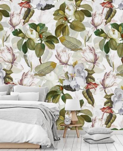 weiße Magnolienblüten, grüne Blätter, weißer Hintergrund Wallpaper 