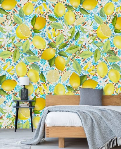 fondo de pantalla de limones sobre fondo de azulejos azules